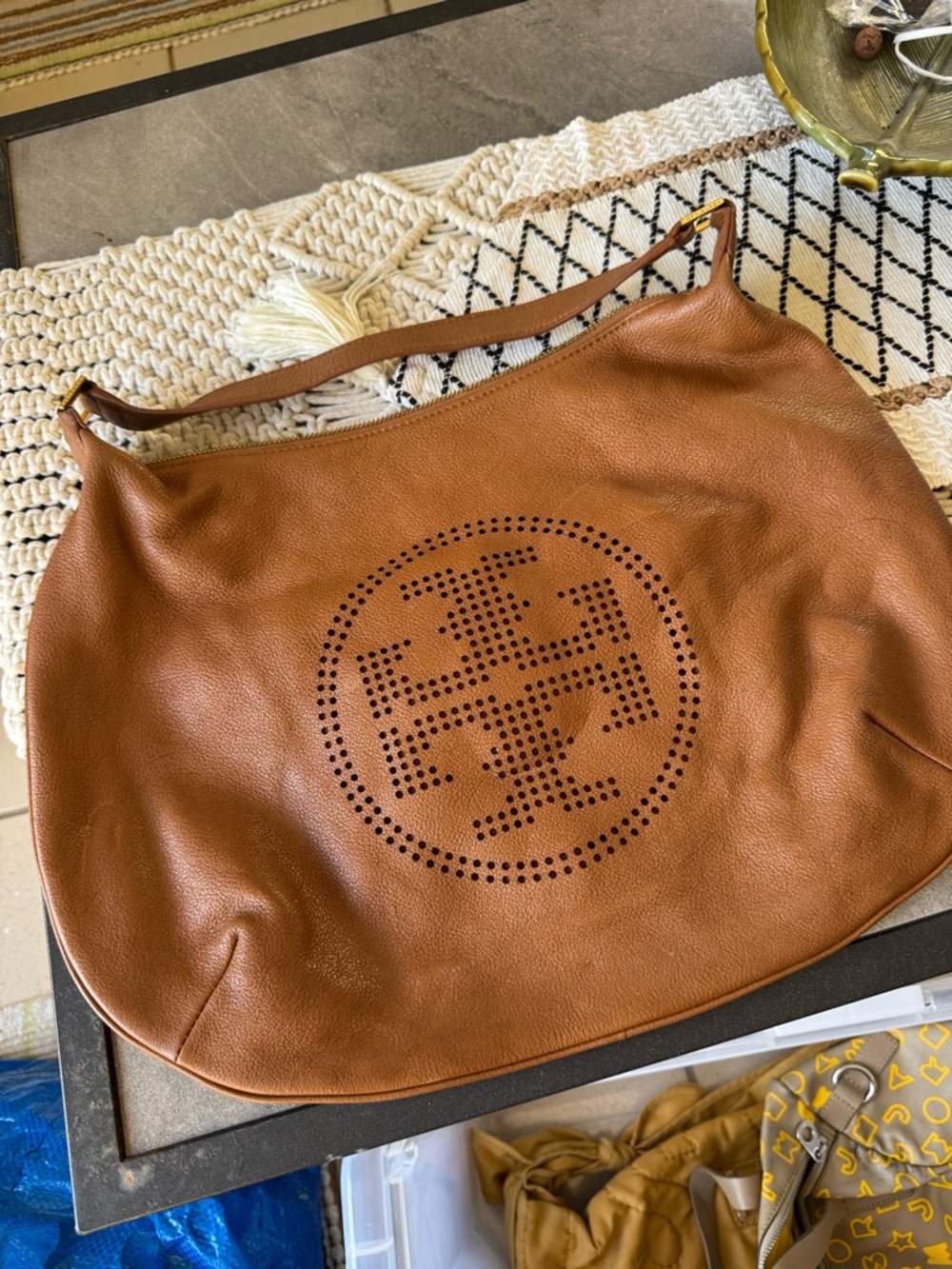 Tory Burch Tan Perforated Logo Hobo Shoulder Bag